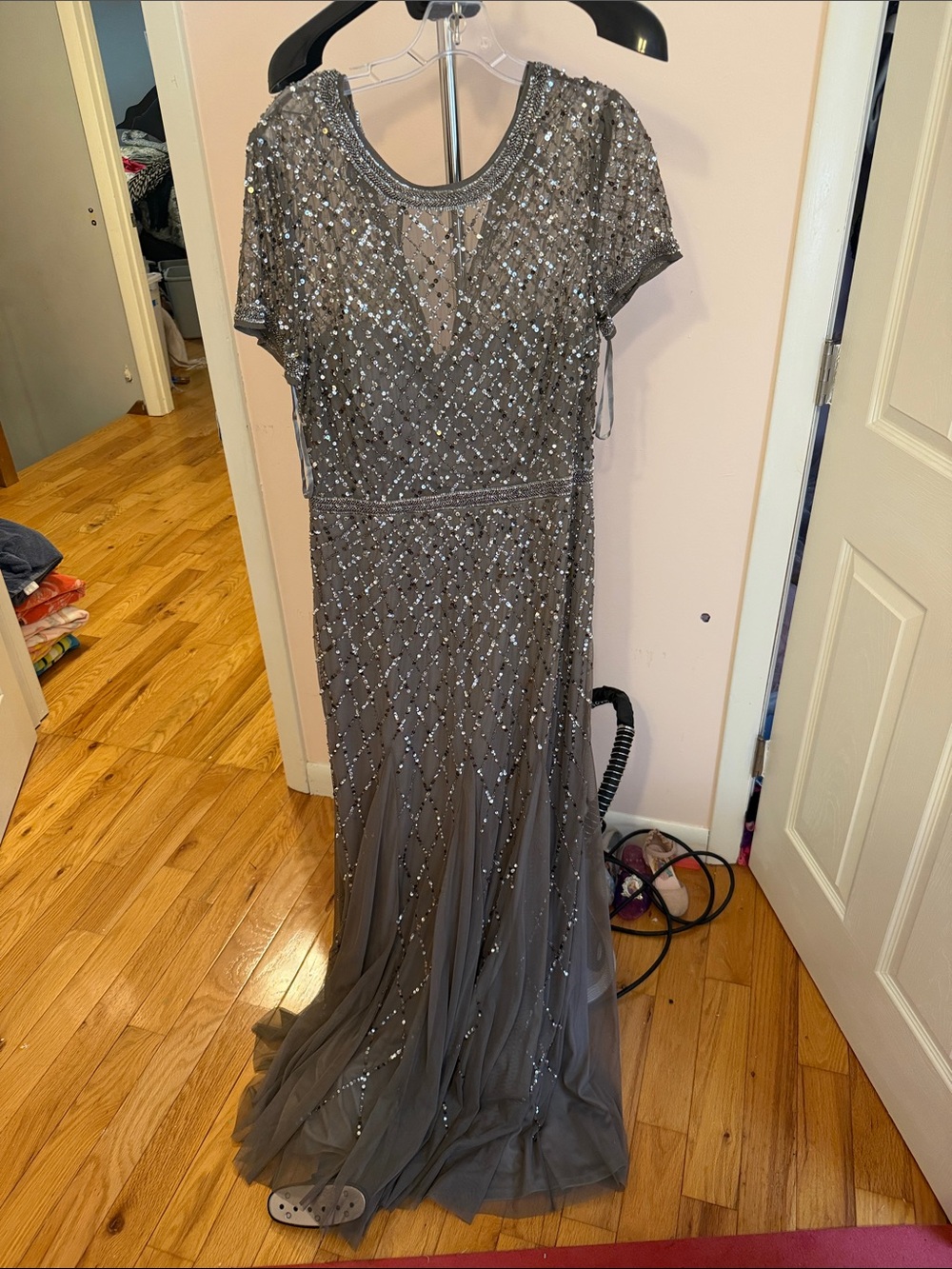 Adrianna Papell Silver-Gray Beaded Tulle Maxi Dress